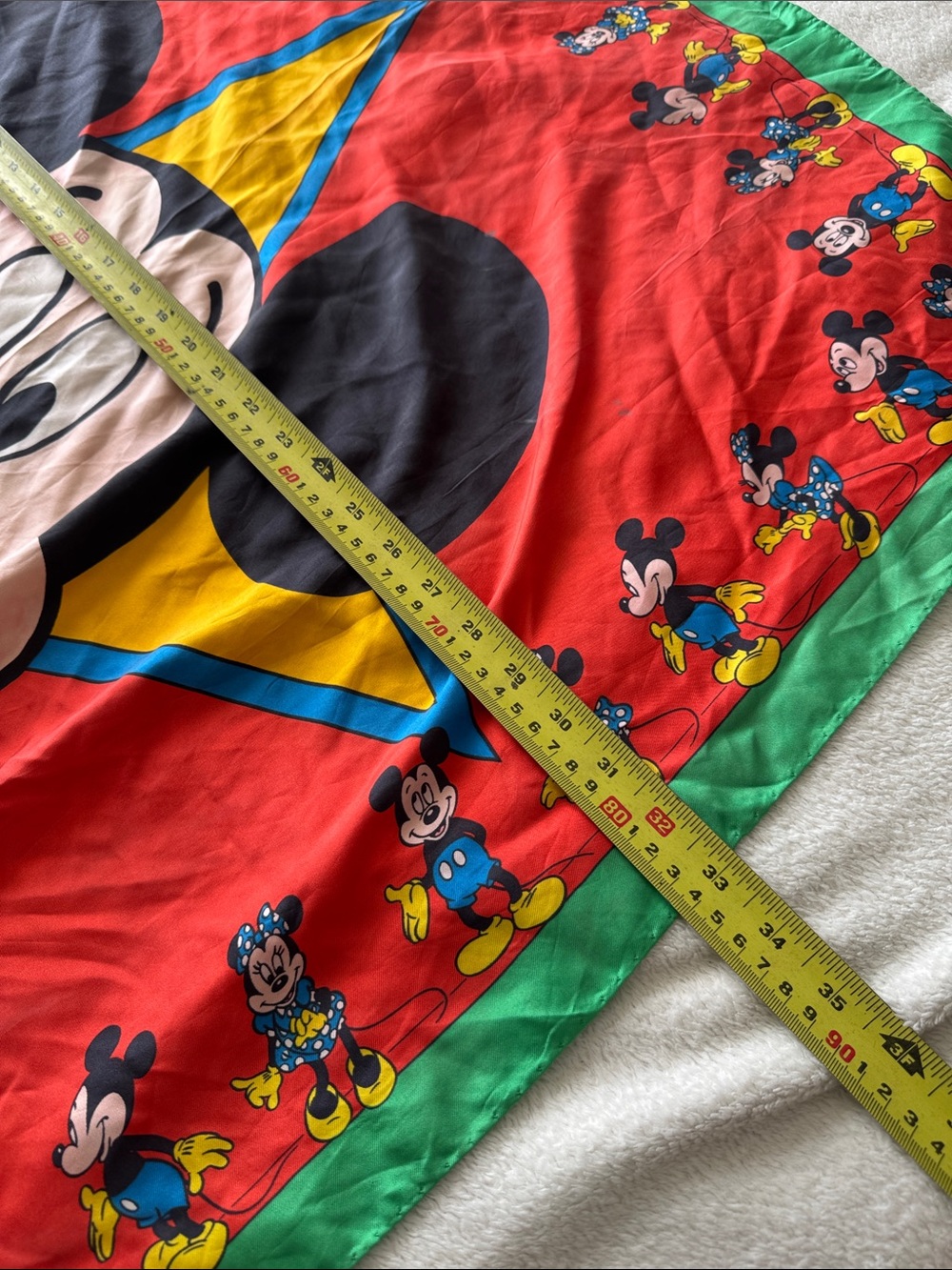 Vintage Disney Mickey Minnie Silk Scarf Red Green Star Graphic Italy Luxurious - Picture 9 of 12